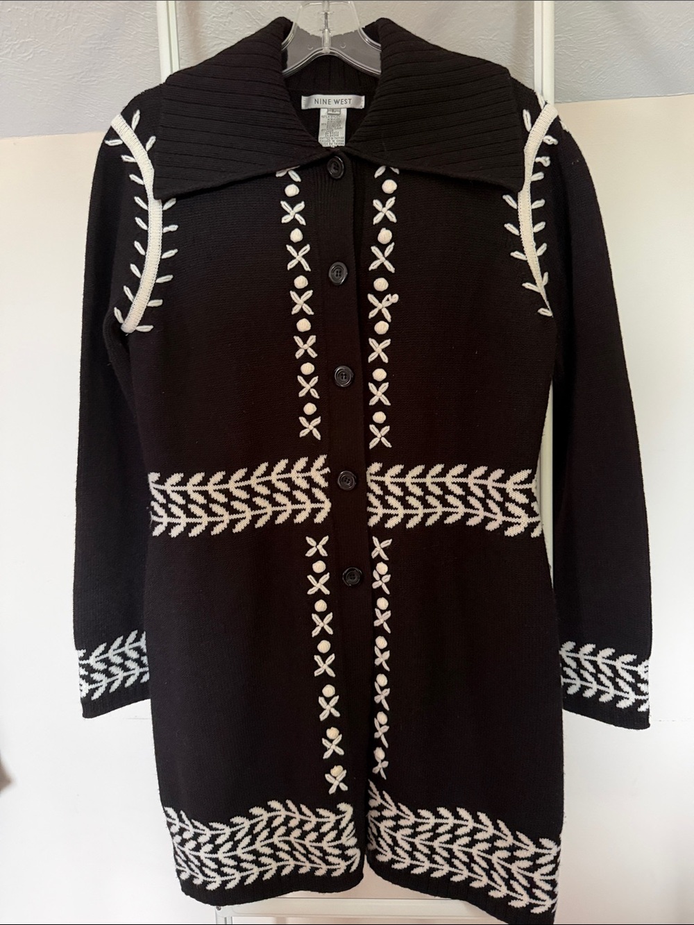 Nine  West black and white embroidered long cardigan duster sweater size L